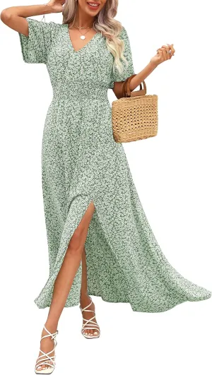 Kranda Women 2025 Summer Spring V Neck High Waist Short Sleeve Casual Long Boho Floral Swing Flowy Slit Beach Maxi Dress