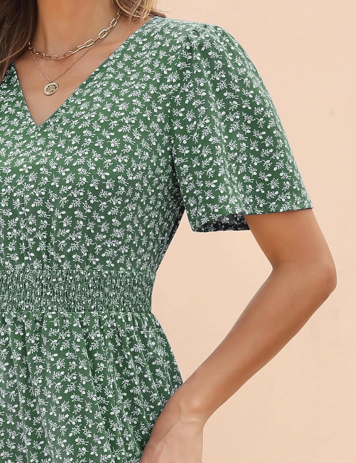 Kranda Women 2025 Summer Spring V Neck High Waist Short Sleeve Casual Long Boho Floral Swing Flowy Slit Beach Maxi Dress