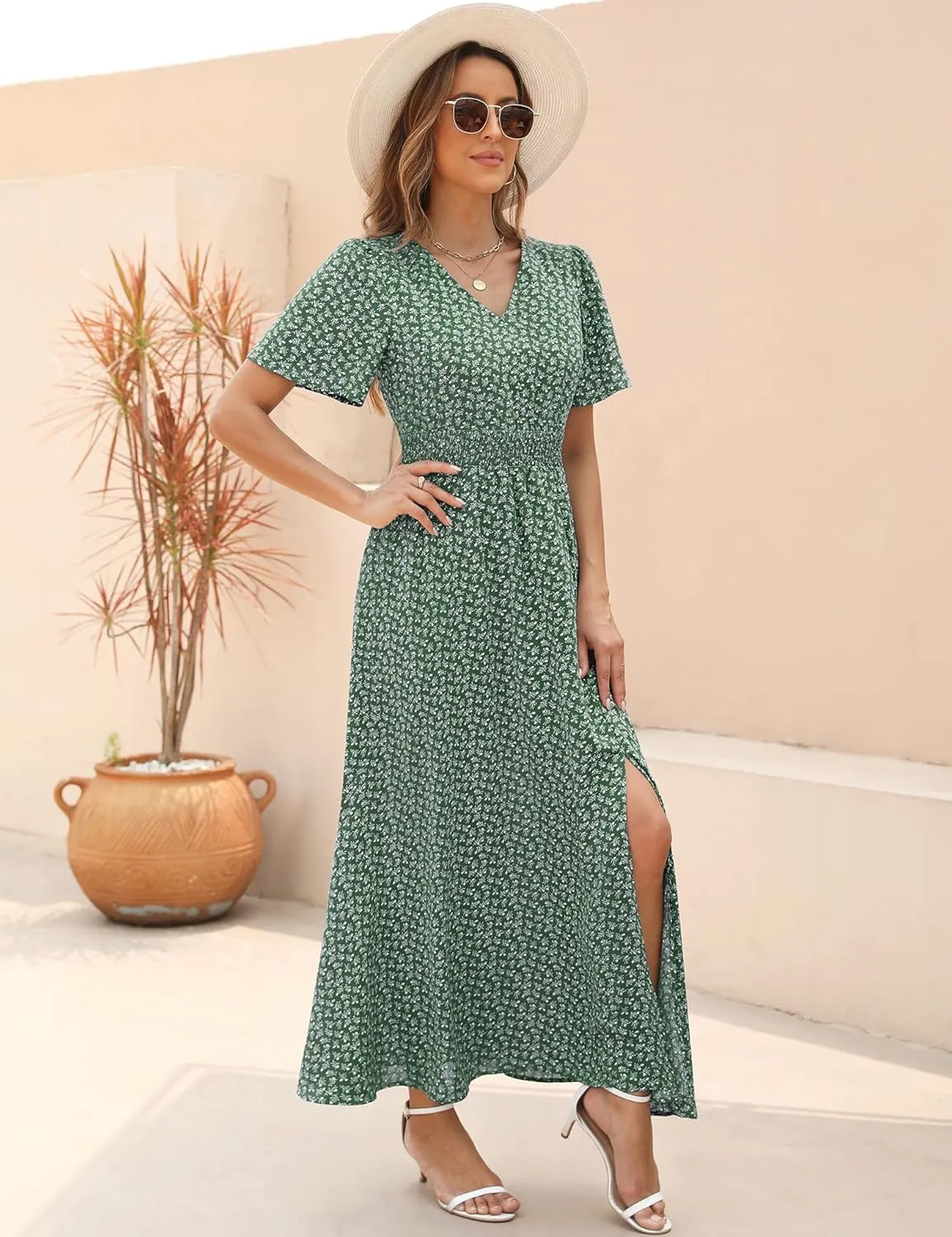 Kranda Women 2025 Summer Spring V Neck High Waist Short Sleeve Casual Long Boho Floral Swing Flowy Slit Beach Maxi Dress