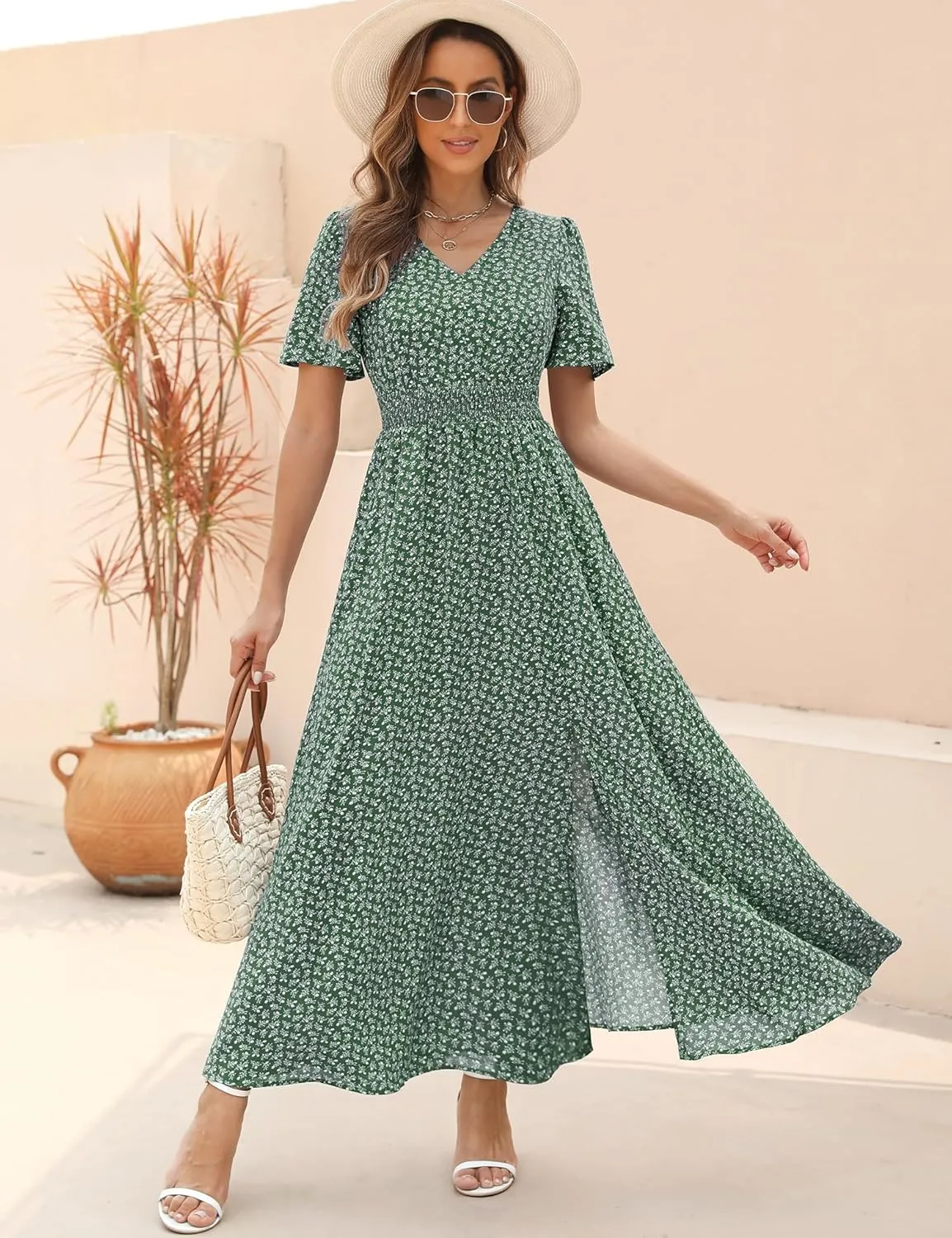 Kranda Women 2025 Summer Spring V Neck High Waist Short Sleeve Casual Long Boho Floral Swing Flowy Slit Beach Maxi Dress