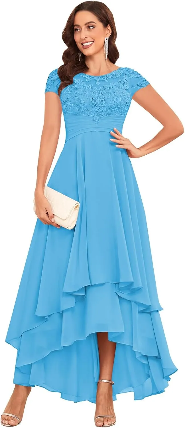 Lace Applique Mother of The Bride Dresses for Wedding Tea Length Chiffon A Line Formal Evening Gown
