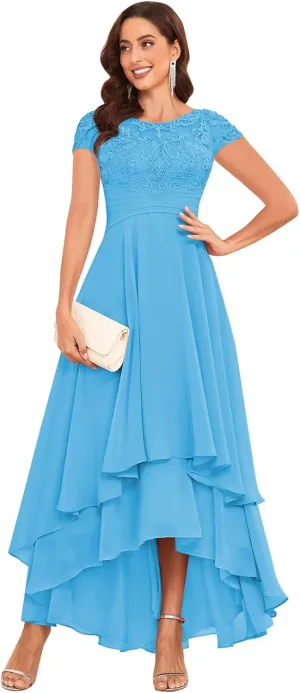 Lace Applique Mother of The Bride Dresses for Wedding Tea Length Chiffon A Line Formal Evening Gown