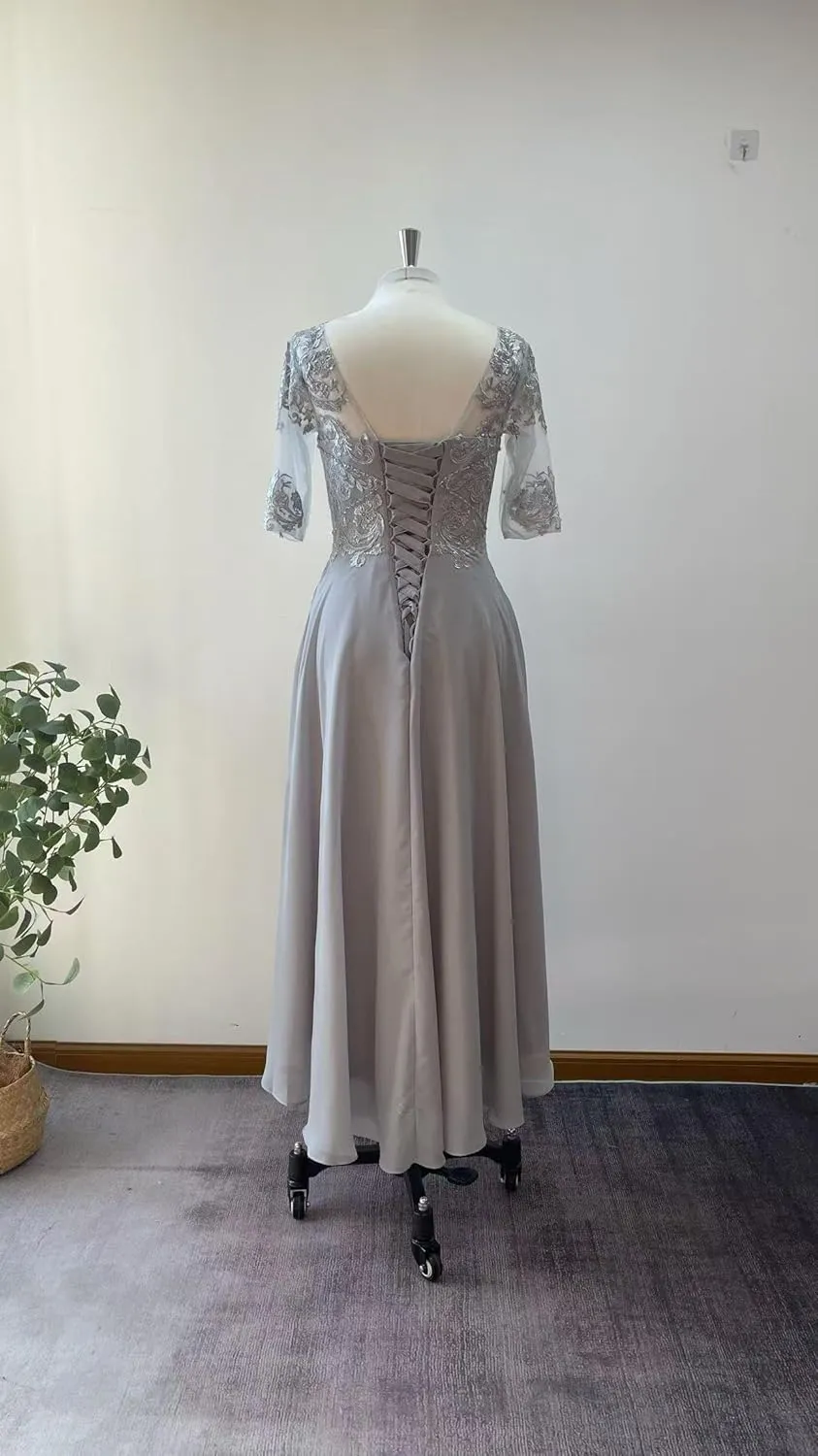 Lace Appliques Mother of The Bride Dresses for Wedding 3/4 Sleeves Tea Length Beaded Chiffon Formal Dress for Evening
