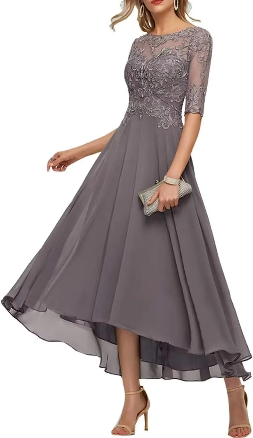 Lace Appliques Mother of The Bride Dresses for Wedding 3/4 Sleeves Tea Length Beaded Chiffon Formal Dress for Evening