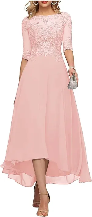 Lace Appliques Mother of The Bride Dresses for Wedding 3/4 Sleeves Tea Length Beaded Chiffon Formal Dress for Evening