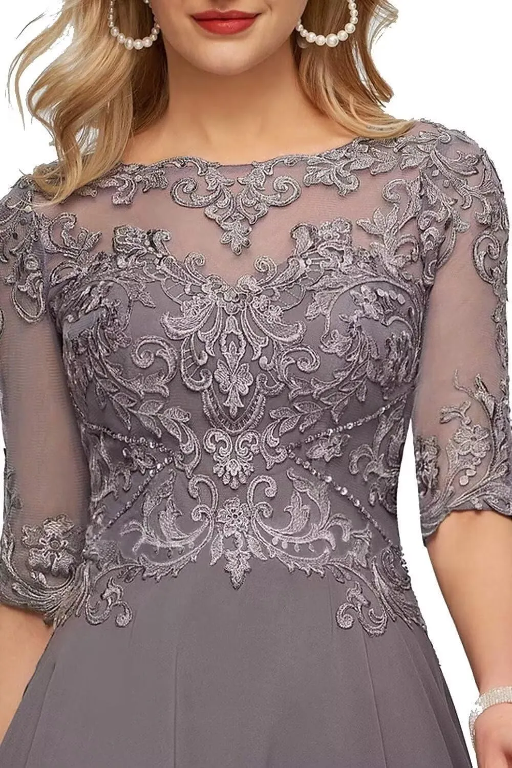 Lace Appliques Mother of The Bride Dresses for Wedding 3/4 Sleeves Tea Length Beaded Chiffon Formal Dress for Evening