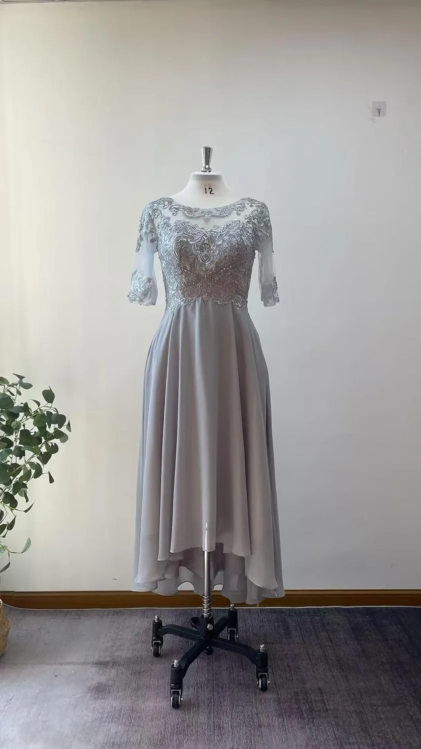 Lace Appliques Mother of The Bride Dresses for Wedding 3/4 Sleeves Tea Length Beaded Chiffon Formal Dress for Evening