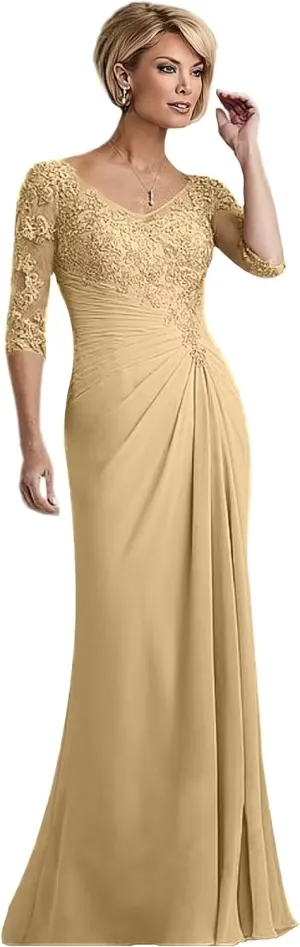 Lace Mother of The Bride Dresses for Wedding Long Chiffon Formal Evening Gown with Sleeves