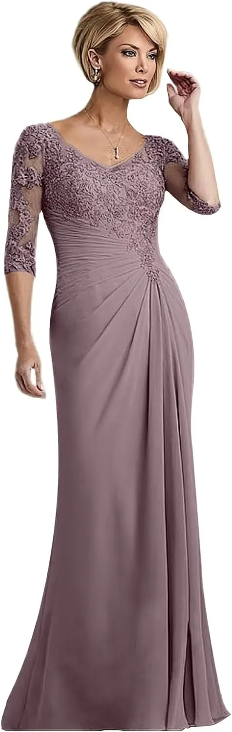 Lace Mother of The Bride Dresses for Wedding Long Chiffon Formal Evening Gown with Sleeves