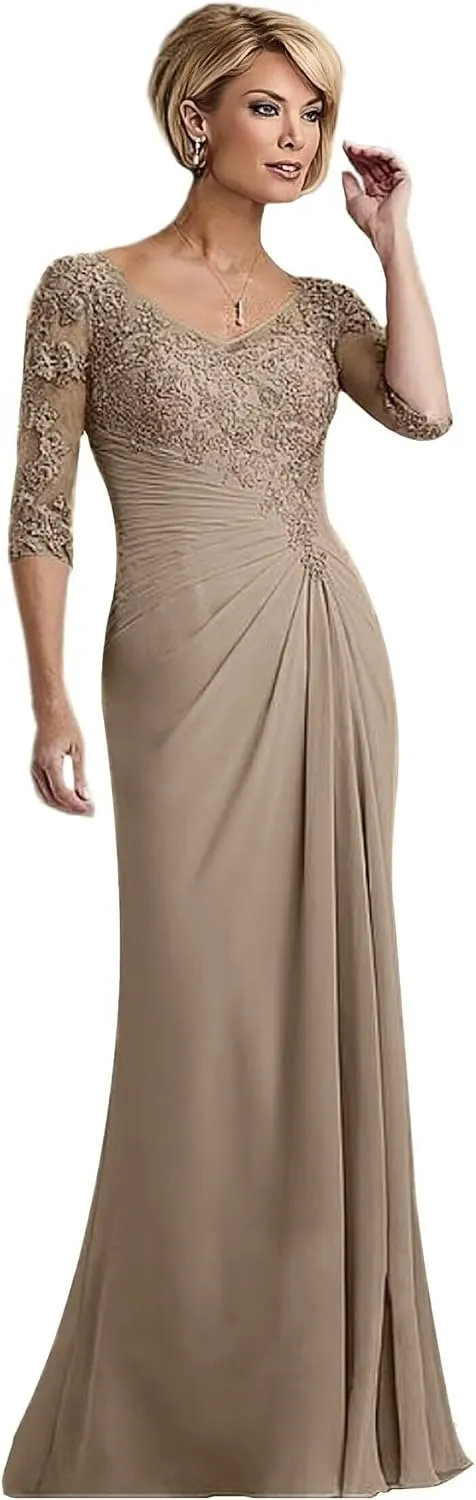 Lace Mother of The Bride Dresses for Wedding Long Chiffon Formal Evening Gown with Sleeves
