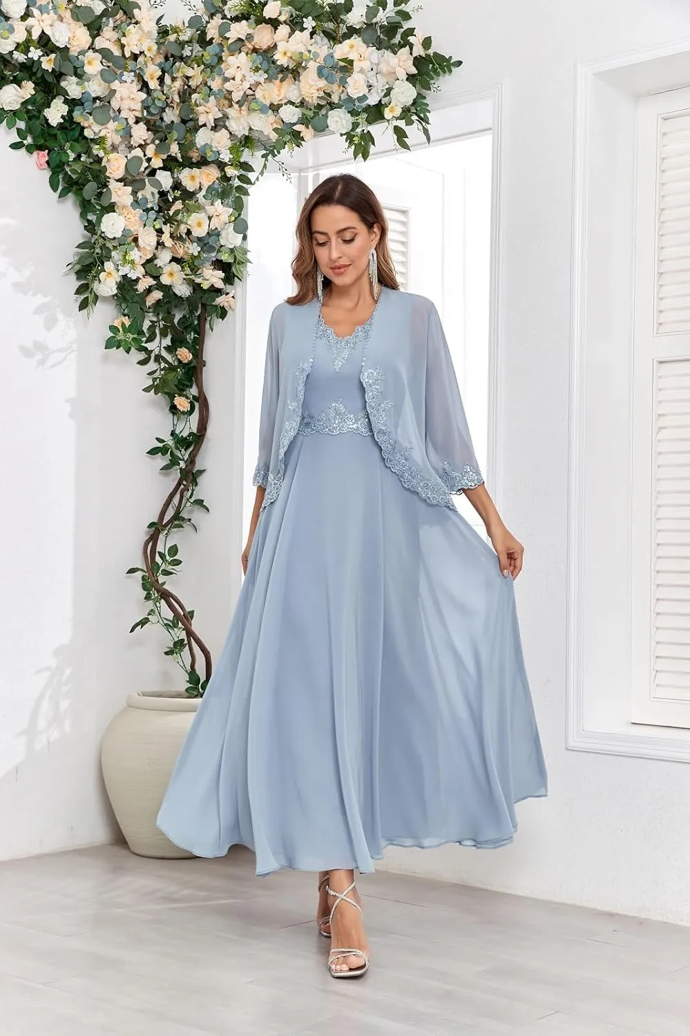 Lace Sequin 2 Piece Mother of The Bride Dresses with Jackets Chiffon 3/4 Sleeve Formal Gowns for Wedding