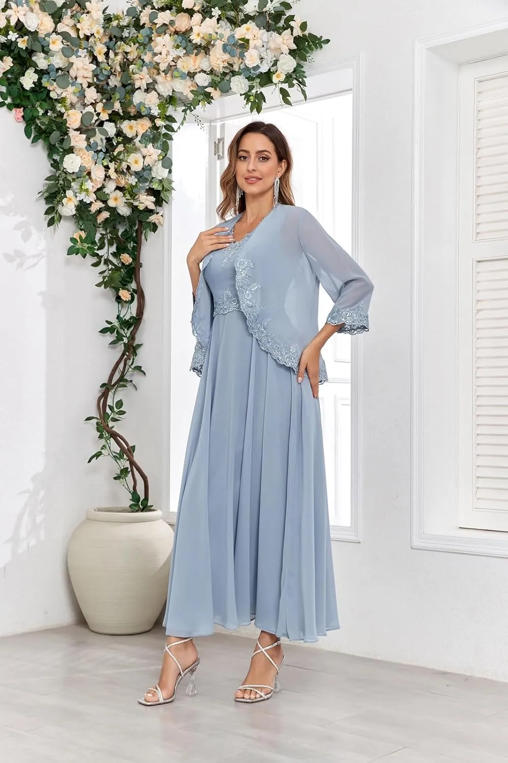 Lace Sequin 2 Piece Mother of The Bride Dresses with Jackets Chiffon 3/4 Sleeve Formal Gowns for Wedding