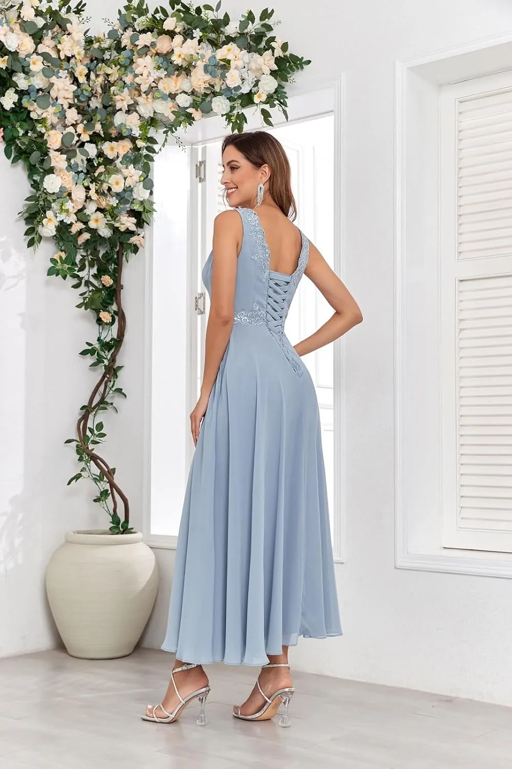Lace Sequin 2 Piece Mother of The Bride Dresses with Jackets Chiffon 3/4 Sleeve Formal Gowns for Wedding