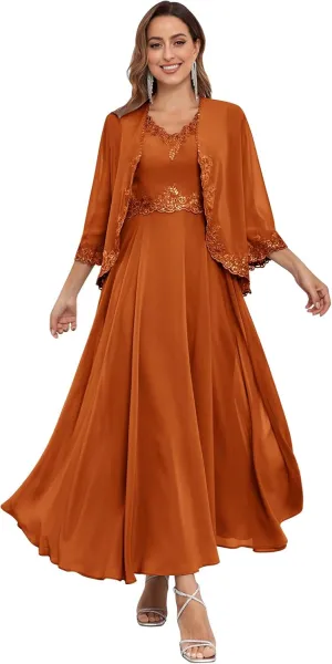 Lace Sequin 2 Piece Mother of The Bride Dresses with Jackets Chiffon 3/4 Sleeve Formal Gowns for Wedding