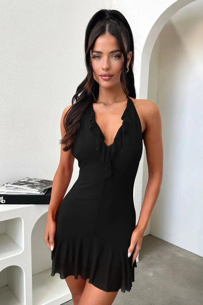 LAGSHIAN Women's Summer Sleeveless Halter V Neck Backless Mesh Ruffle Bodycon Mini Party Dress