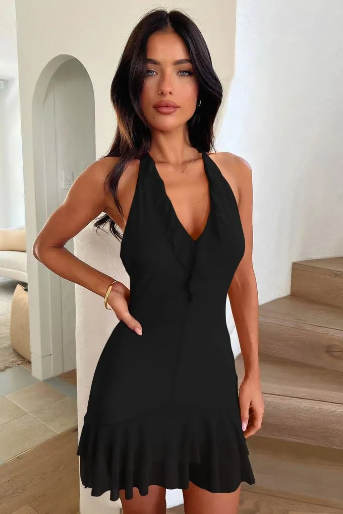 LAGSHIAN Women's Summer Sleeveless Halter V Neck Backless Mesh Ruffle Bodycon Mini Party Dress