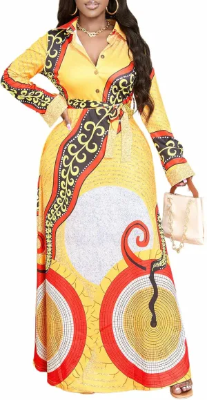 LaiyiVic Maxi Dress for Women Casual Long Sleeve Button Down Floor Length V-Neck Long Dress with Belt