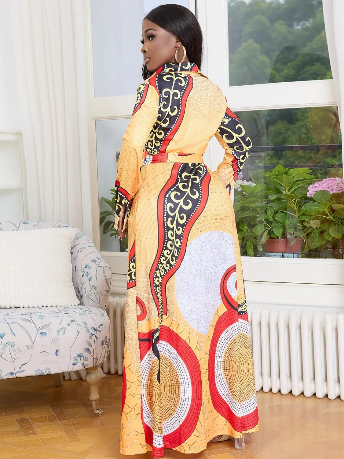 LaiyiVic Maxi Dress for Women Casual Long Sleeve Button Down Floor Length V-Neck Long Dress with Belt