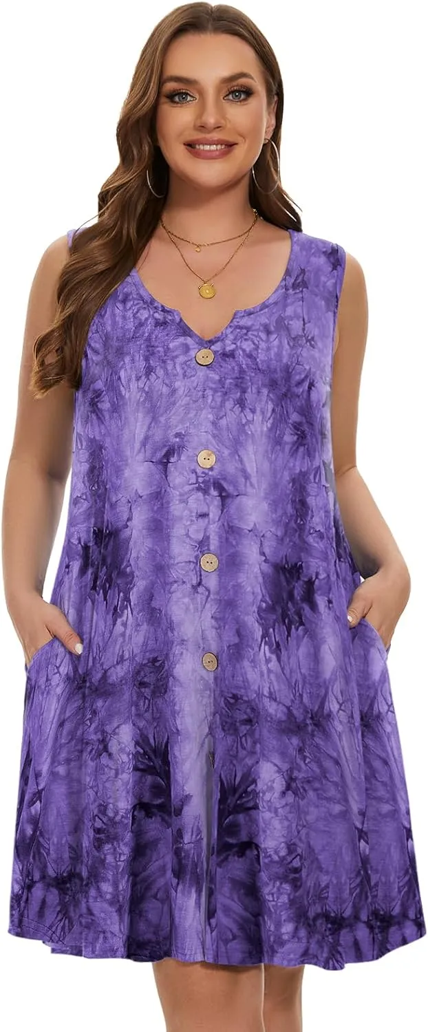 LARACE Women Plus Size Summer Dresses V Neck Sleeveless A Line Sundresses Button Down Midi Dress with Pockets