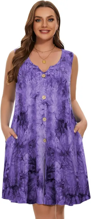 LARACE Women Plus Size Summer Dresses V Neck Sleeveless A Line Sundresses Button Down Midi Dress with Pockets
