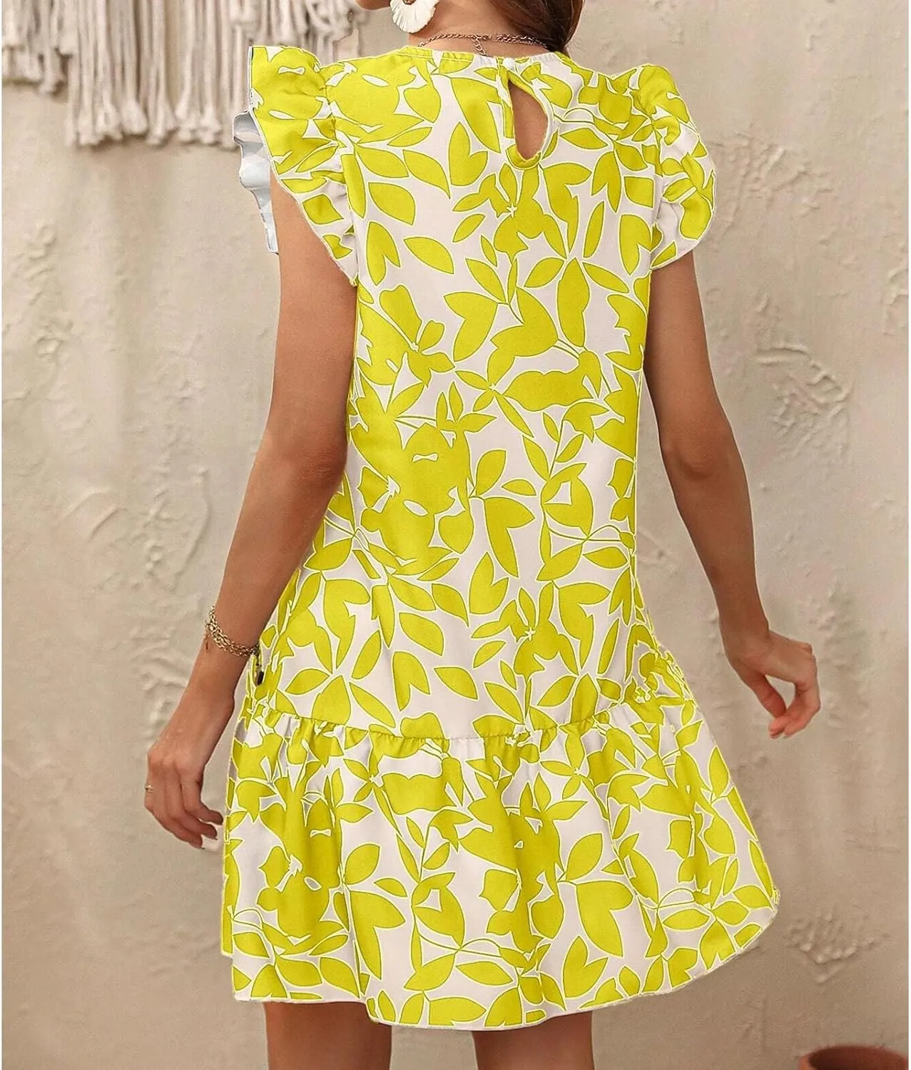Lastesso Boho Dresses for Women 2024 Ruffle Cap Sleeve Loose Summer Sundresses Casual Crewneck Printed Beach Short Mini Dress