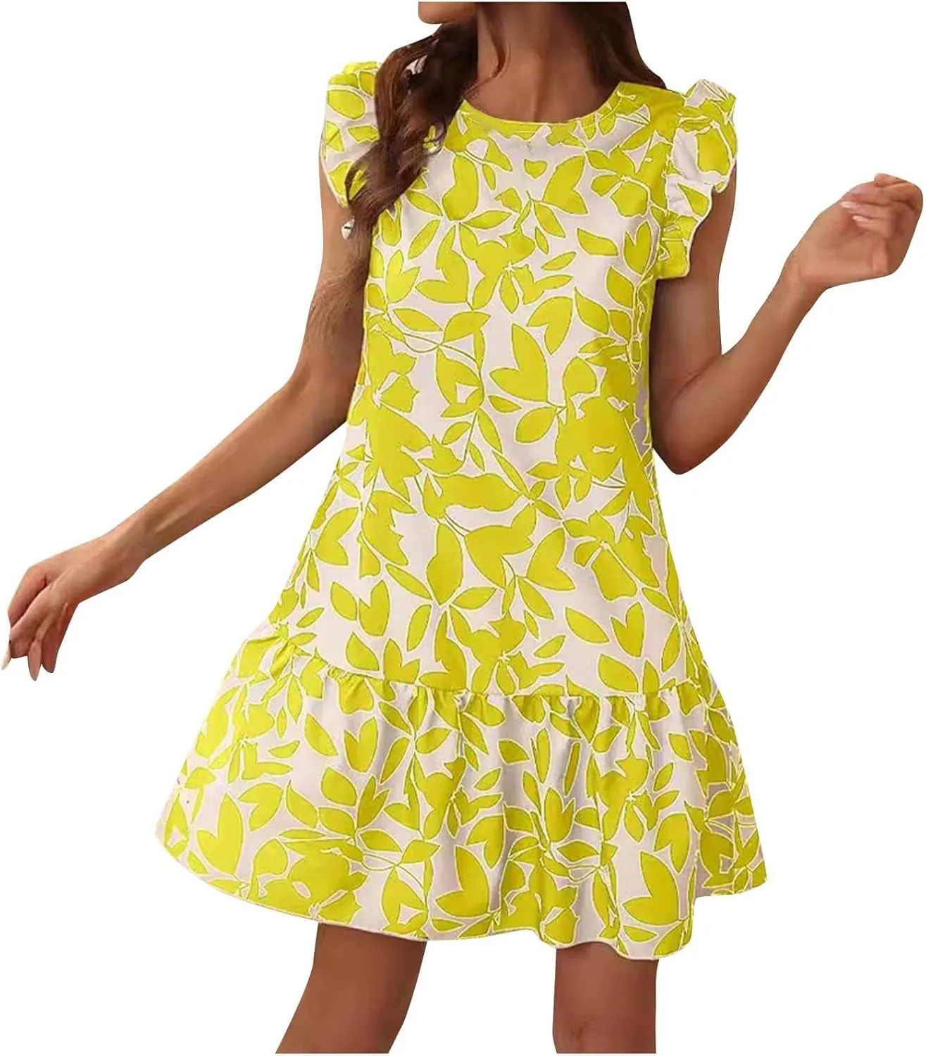 Lastesso Boho Dresses for Women 2024 Ruffle Cap Sleeve Loose Summer Sundresses Casual Crewneck Printed Beach Short Mini Dress