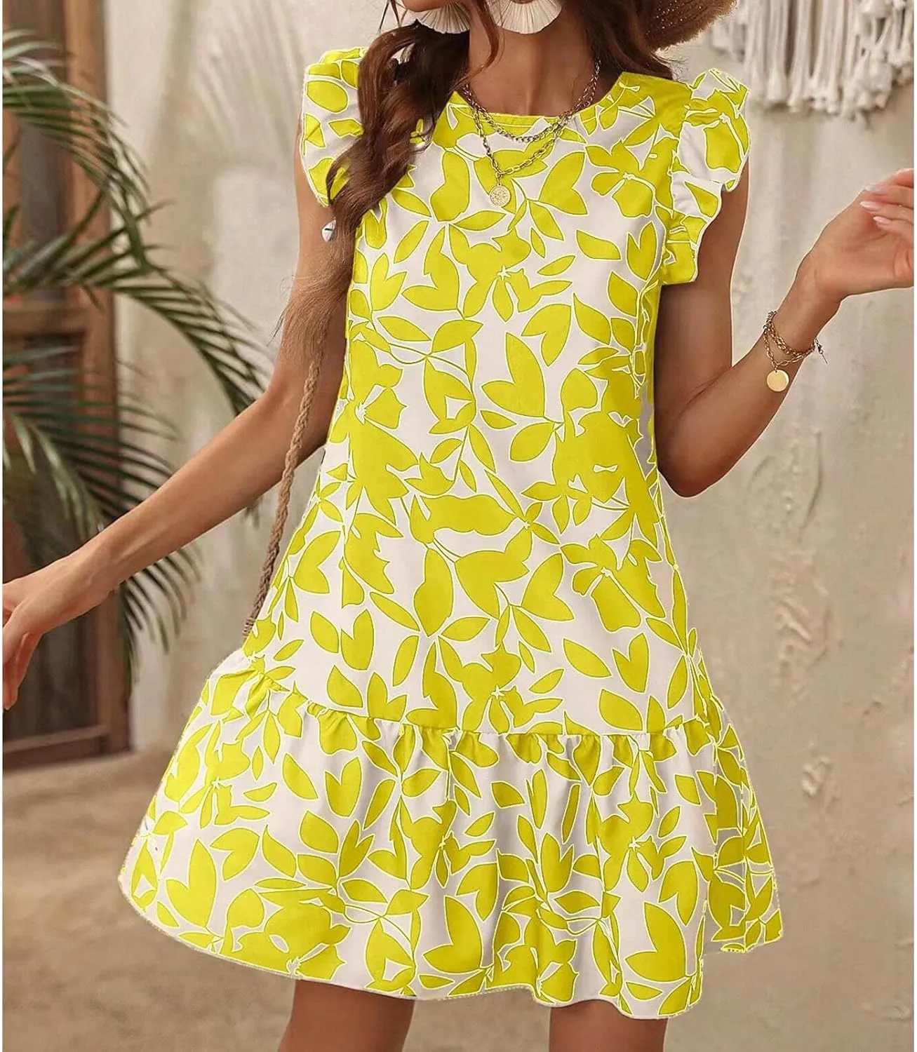 Lastesso Boho Dresses for Women 2024 Ruffle Cap Sleeve Loose Summer Sundresses Casual Crewneck Printed Beach Short Mini Dress