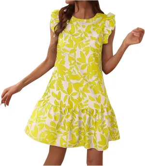 Lastesso Boho Dresses for Women 2024 Ruffle Cap Sleeve Loose Summer Sundresses Casual Crewneck Printed Beach Short Mini Dress