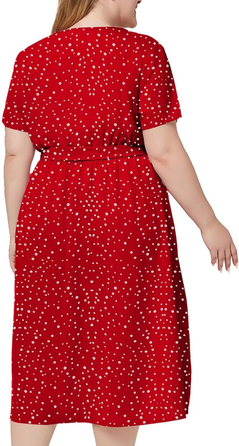 LEMONONSTORE Plus Size Womens Wrap V Neck Polka Dot Midi Dress Casual Belt Waist A-Line Boho Dresses Summer Short Sleeve