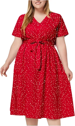 LEMONONSTORE Plus Size Womens Wrap V Neck Polka Dot Midi Dress Casual Belt Waist A-Line Boho Dresses Summer Short Sleeve