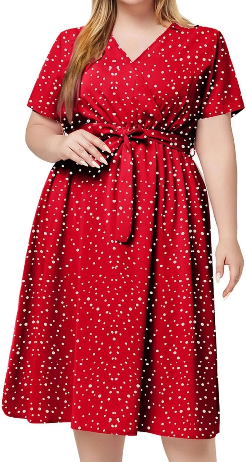 LEMONONSTORE Plus Size Womens Wrap V Neck Polka Dot Midi Dress Casual Belt Waist A-Line Boho Dresses Summer Short Sleeve