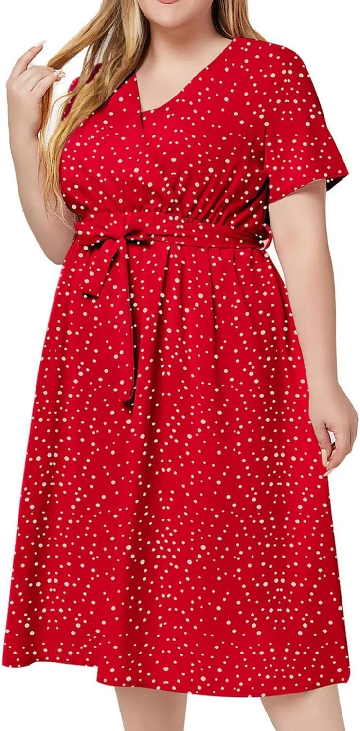 LEMONONSTORE Plus Size Womens Wrap V Neck Polka Dot Midi Dress Casual Belt Waist A-Line Boho Dresses Summer Short Sleeve