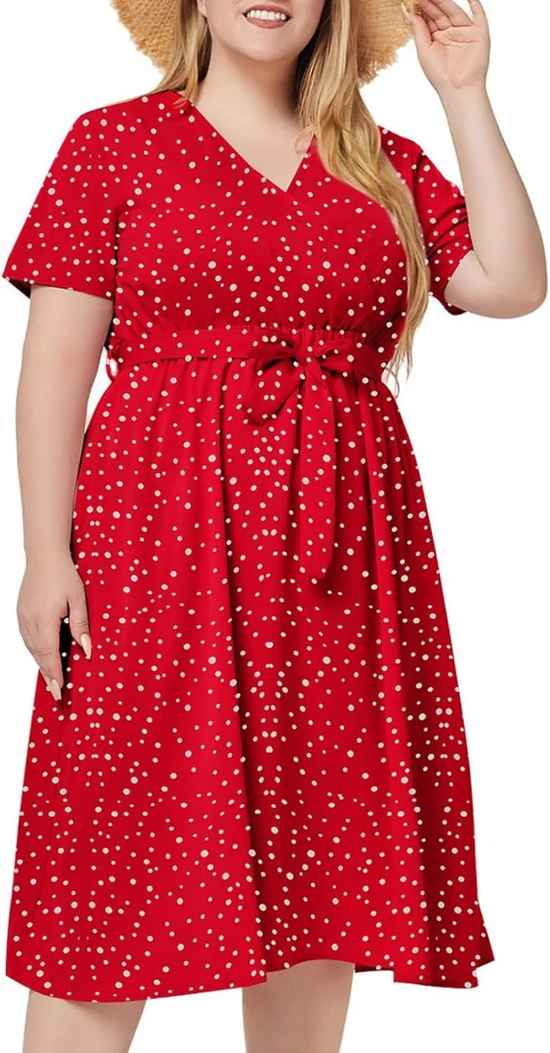 LEMONONSTORE Plus Size Womens Wrap V Neck Polka Dot Midi Dress Casual Belt Waist A-Line Boho Dresses Summer Short Sleeve
