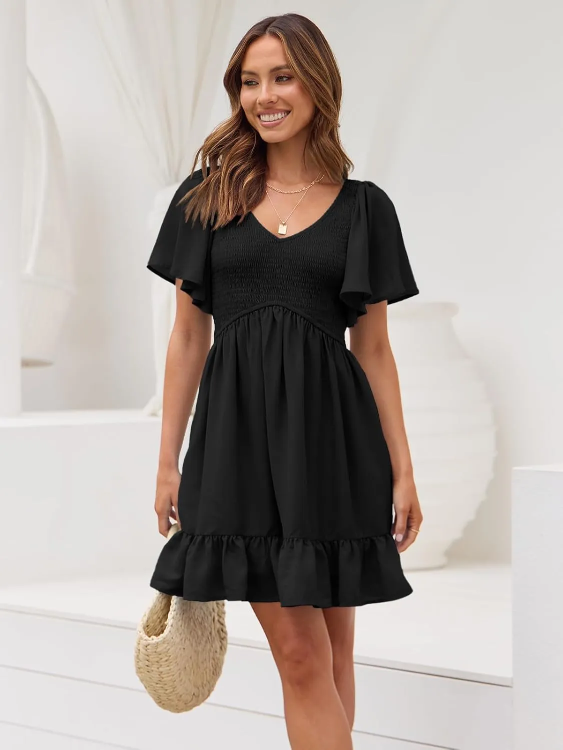 LILLUSORY Women's Flowy Casual Mini Dresses 2025 Summer Graduation Smocked V Neck Vacation Dress Dress with Pockets