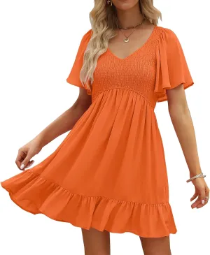 LILLUSORY Women's Flowy Casual Mini Dresses 2025 Summer Graduation Smocked V Neck Vacation Dress Dress with Pockets