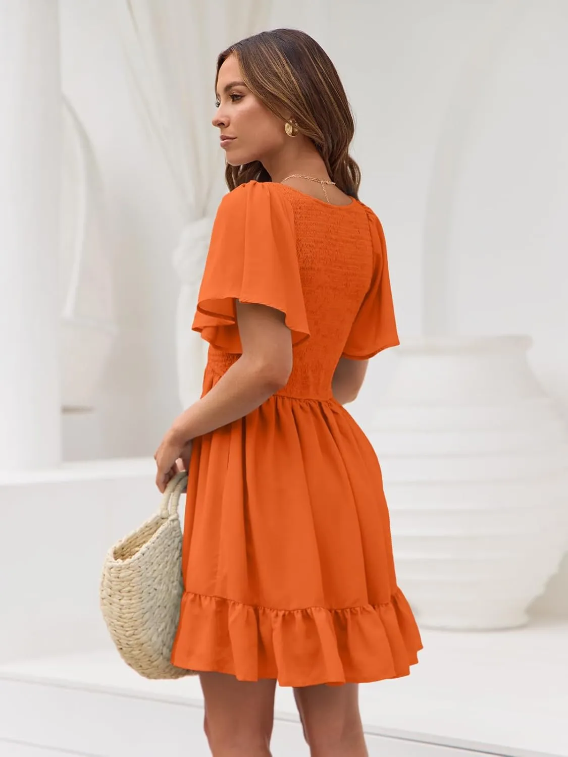 LILLUSORY Women's Flowy Casual Mini Dresses 2025 Summer Graduation Smocked V Neck Vacation Dress Dress with Pockets