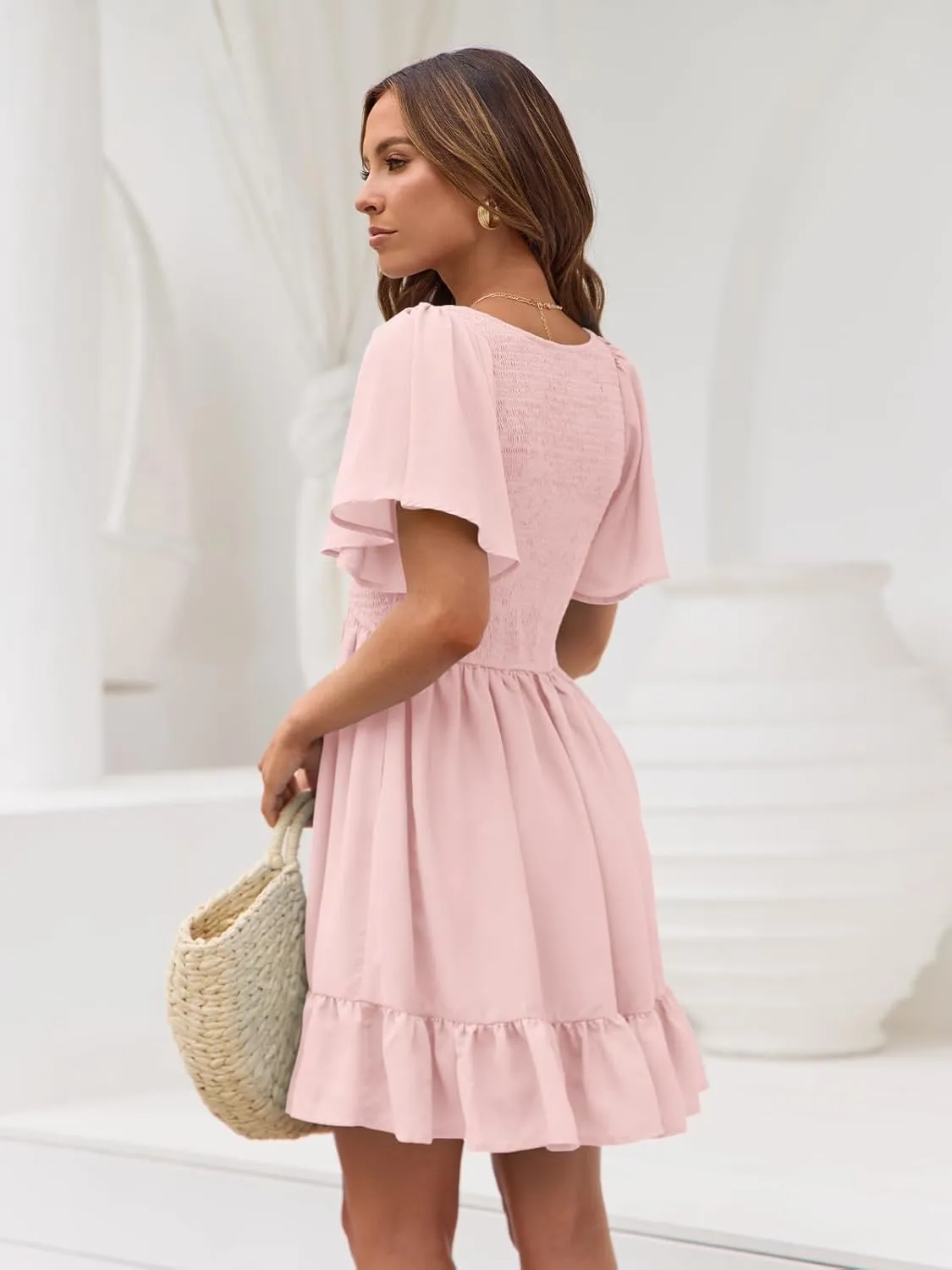 LILLUSORY Women's Flowy Casual Mini Dresses 2025 Summer Graduation Smocked V Neck Vacation Dress Dress with Pockets