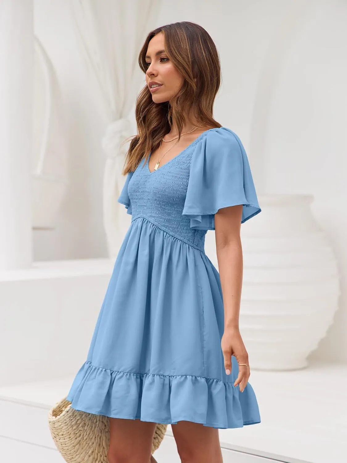 LILLUSORY Women's Flowy Casual Mini Dresses 2025 Summer Graduation Smocked V Neck Vacation Dress Dress with Pockets