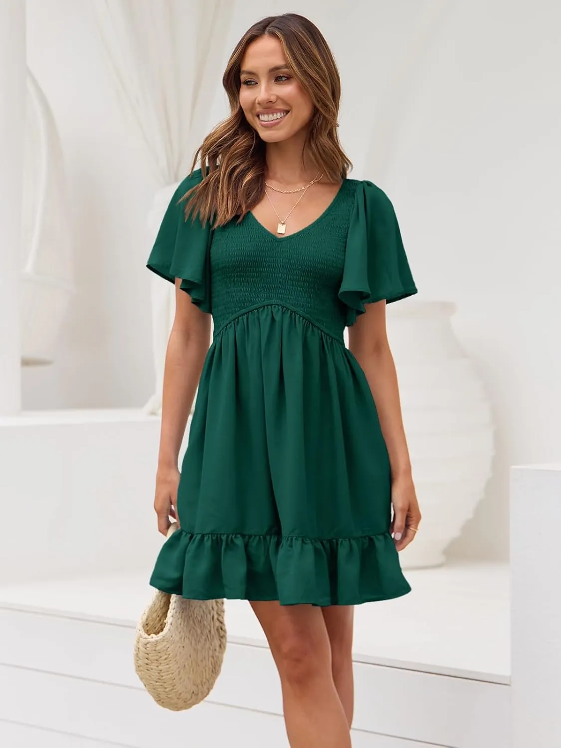 LILLUSORY Women's Flowy Casual Mini Dresses 2025 Summer Graduation Smocked V Neck Vacation Dress Dress with Pockets