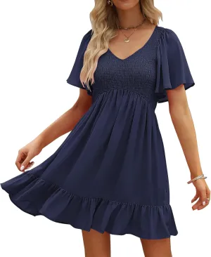 LILLUSORY Women's Flowy Casual Mini Dresses 2025 Summer Graduation Smocked V Neck Vacation Dress Dress with Pockets