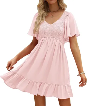 LILLUSORY Women's Flowy Casual Mini Dresses 2025 Summer Graduation Smocked V Neck Vacation Dress Dress with Pockets