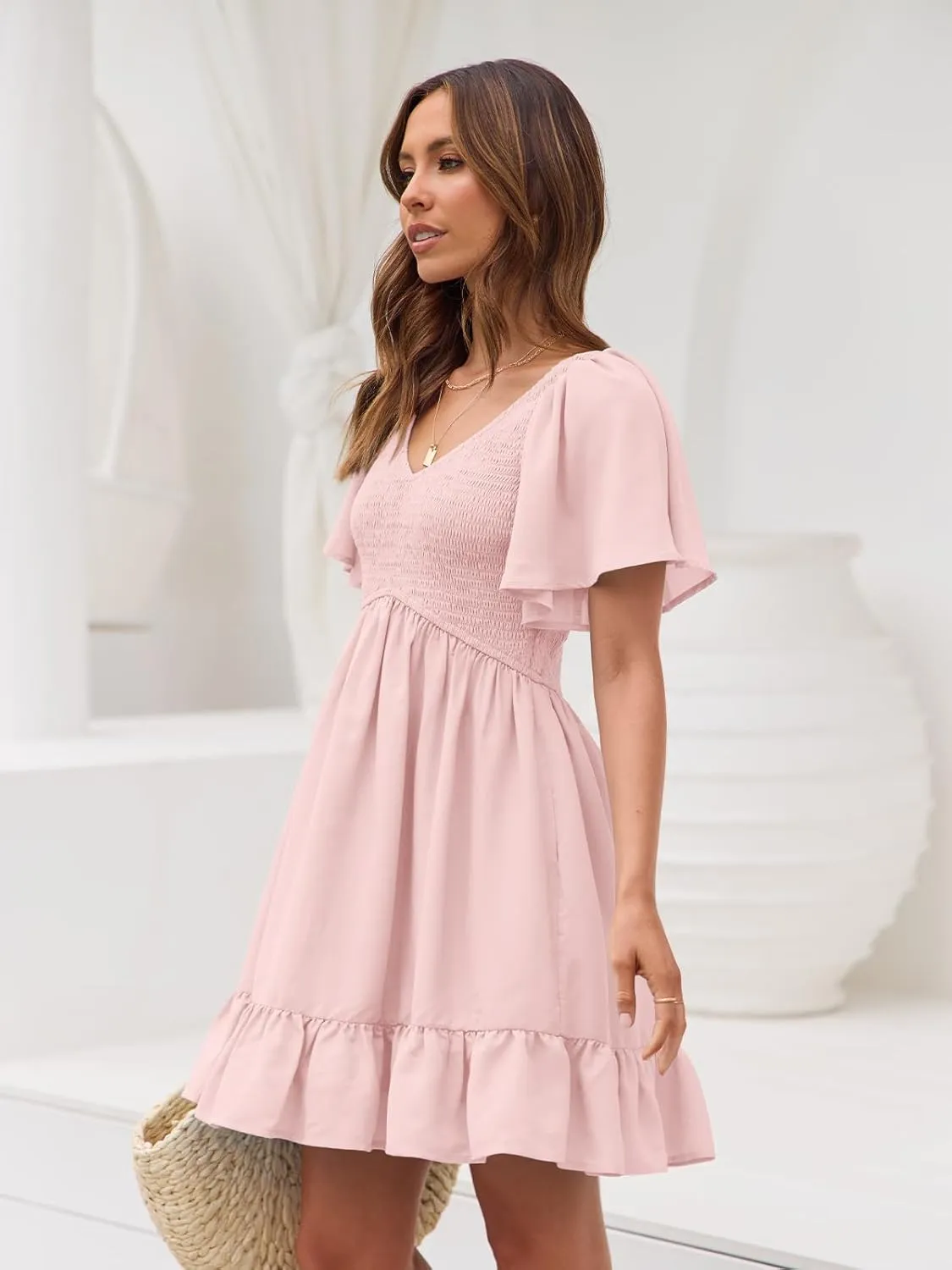 LILLUSORY Women's Flowy Casual Mini Dresses 2025 Summer Graduation Smocked V Neck Vacation Dress Dress with Pockets