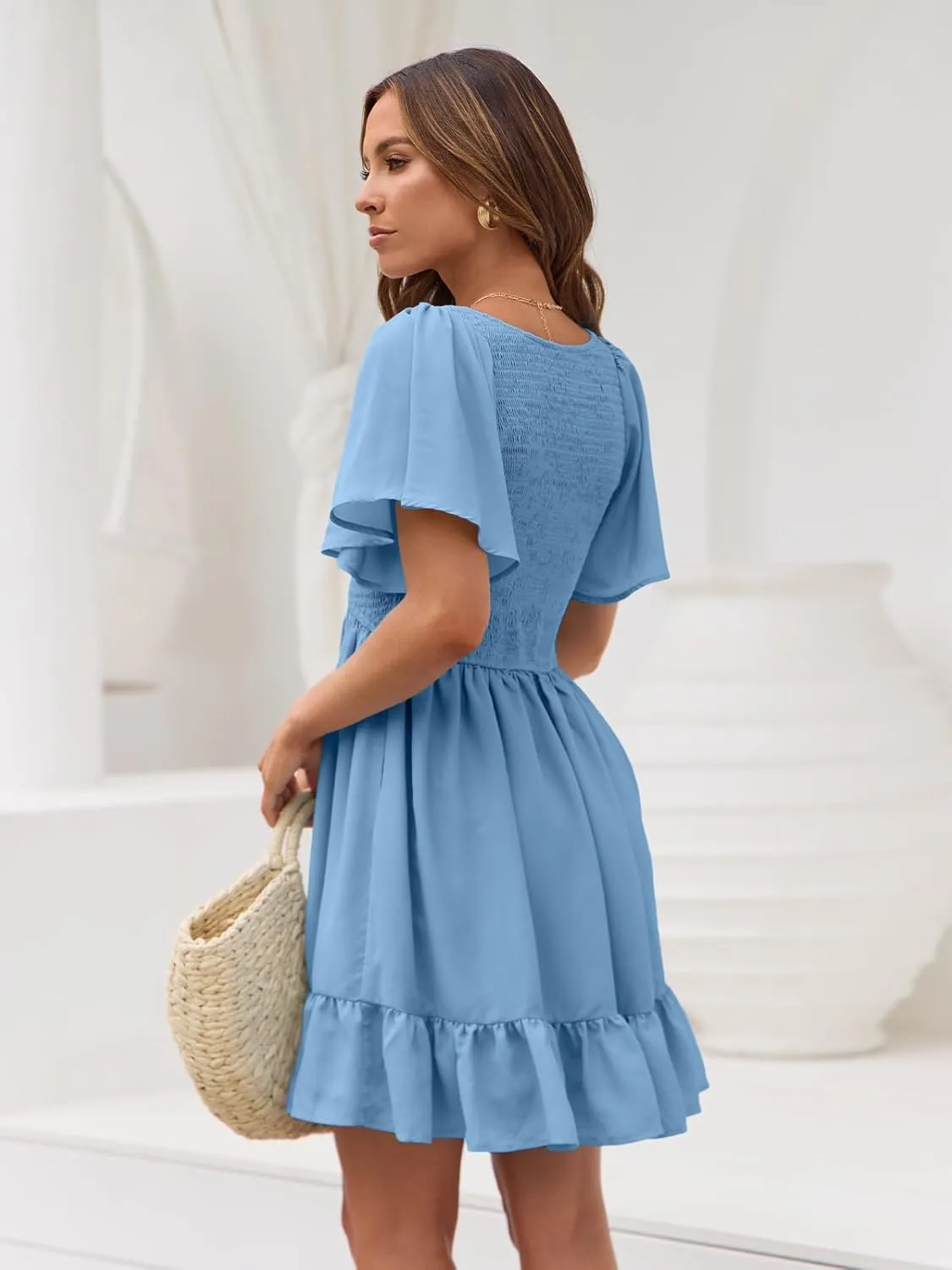 LILLUSORY Women's Flowy Casual Mini Dresses 2025 Summer Graduation Smocked V Neck Vacation Dress Dress with Pockets