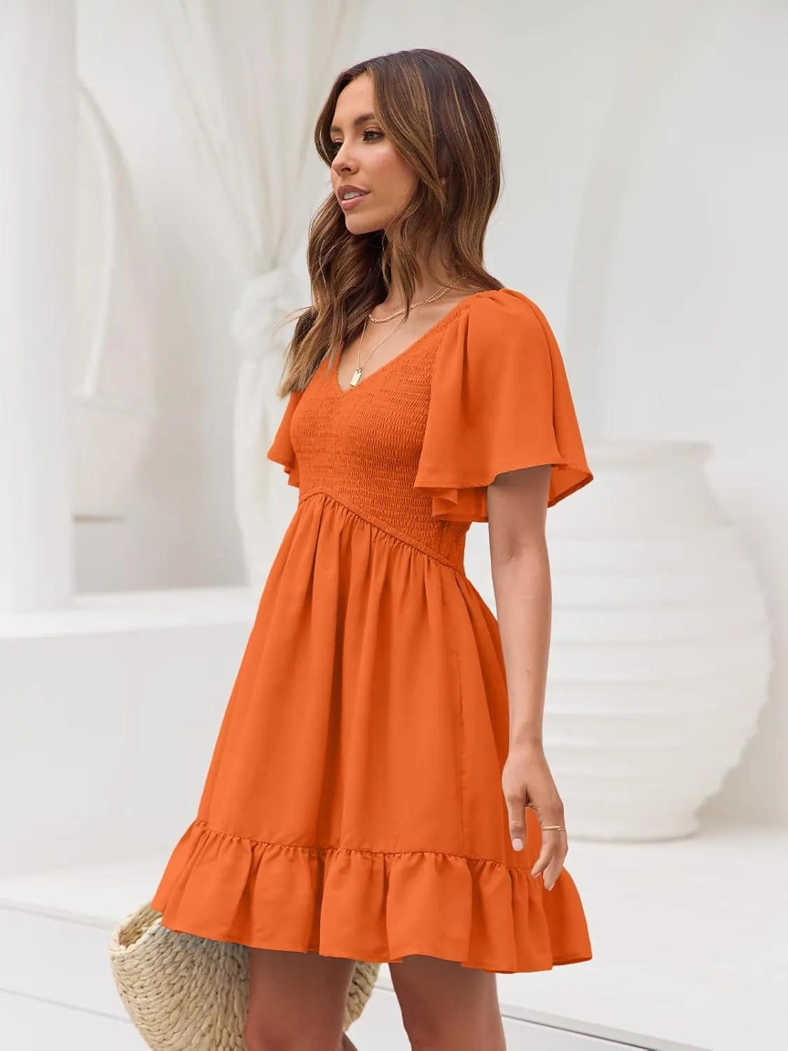 LILLUSORY Women's Flowy Casual Mini Dresses 2025 Summer Graduation Smocked V Neck Vacation Dress Dress with Pockets