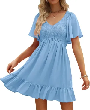 LILLUSORY Women's Flowy Casual Mini Dresses 2025 Summer Graduation Smocked V Neck Vacation Dress Dress with Pockets