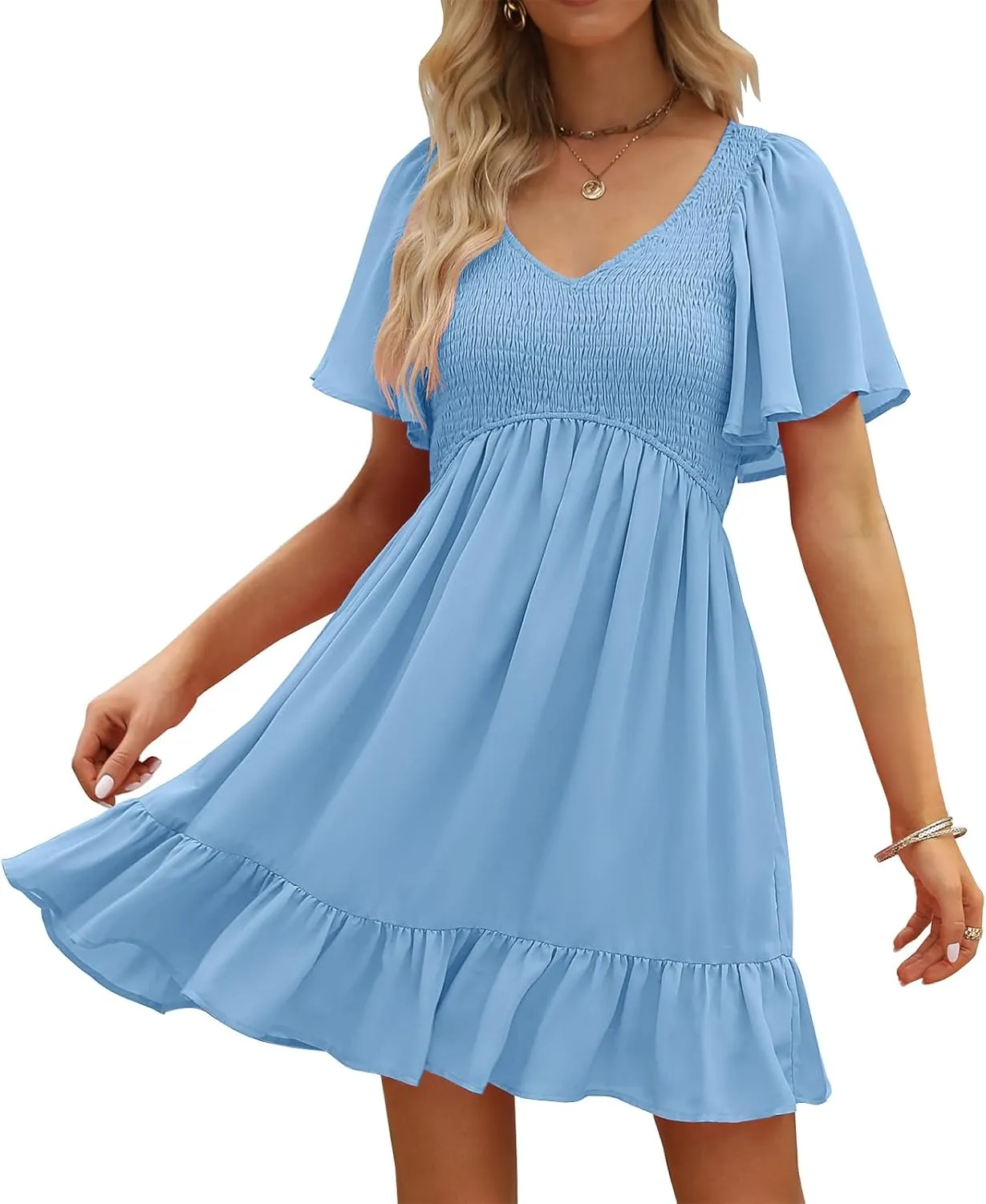 LILLUSORY Women's Flowy Casual Mini Dresses 2025 Summer Graduation Smocked V Neck Vacation Dress Dress with Pockets