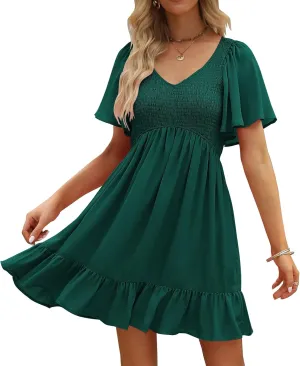 LILLUSORY Women's Flowy Casual Mini Dresses 2025 Summer Graduation Smocked V Neck Vacation Dress Dress with Pockets