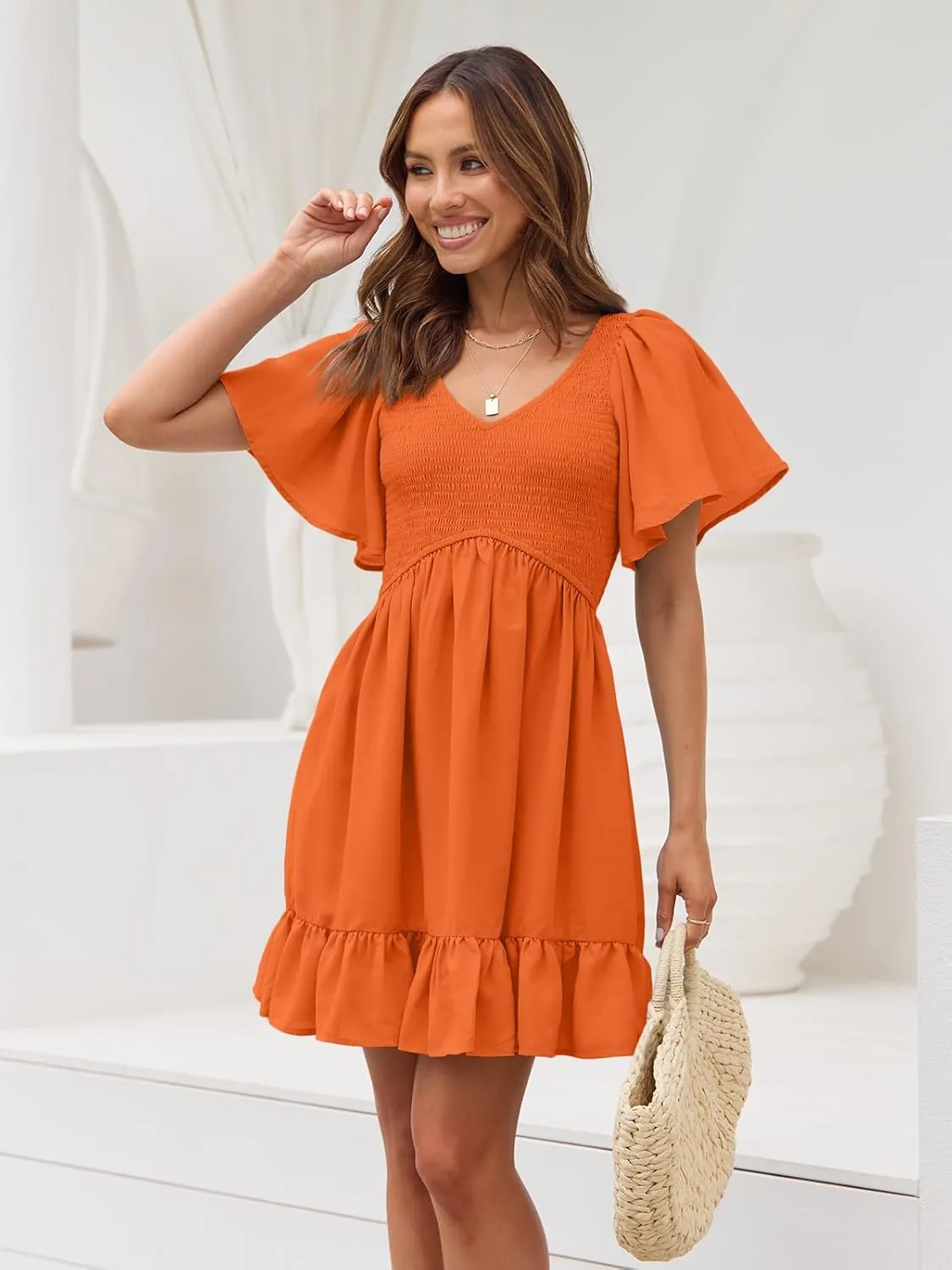 LILLUSORY Women's Flowy Casual Mini Dresses 2025 Summer Graduation Smocked V Neck Vacation Dress Dress with Pockets