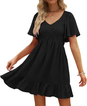 LILLUSORY Women's Flowy Casual Mini Dresses 2025 Summer Graduation Smocked V Neck Vacation Dress Dress with Pockets