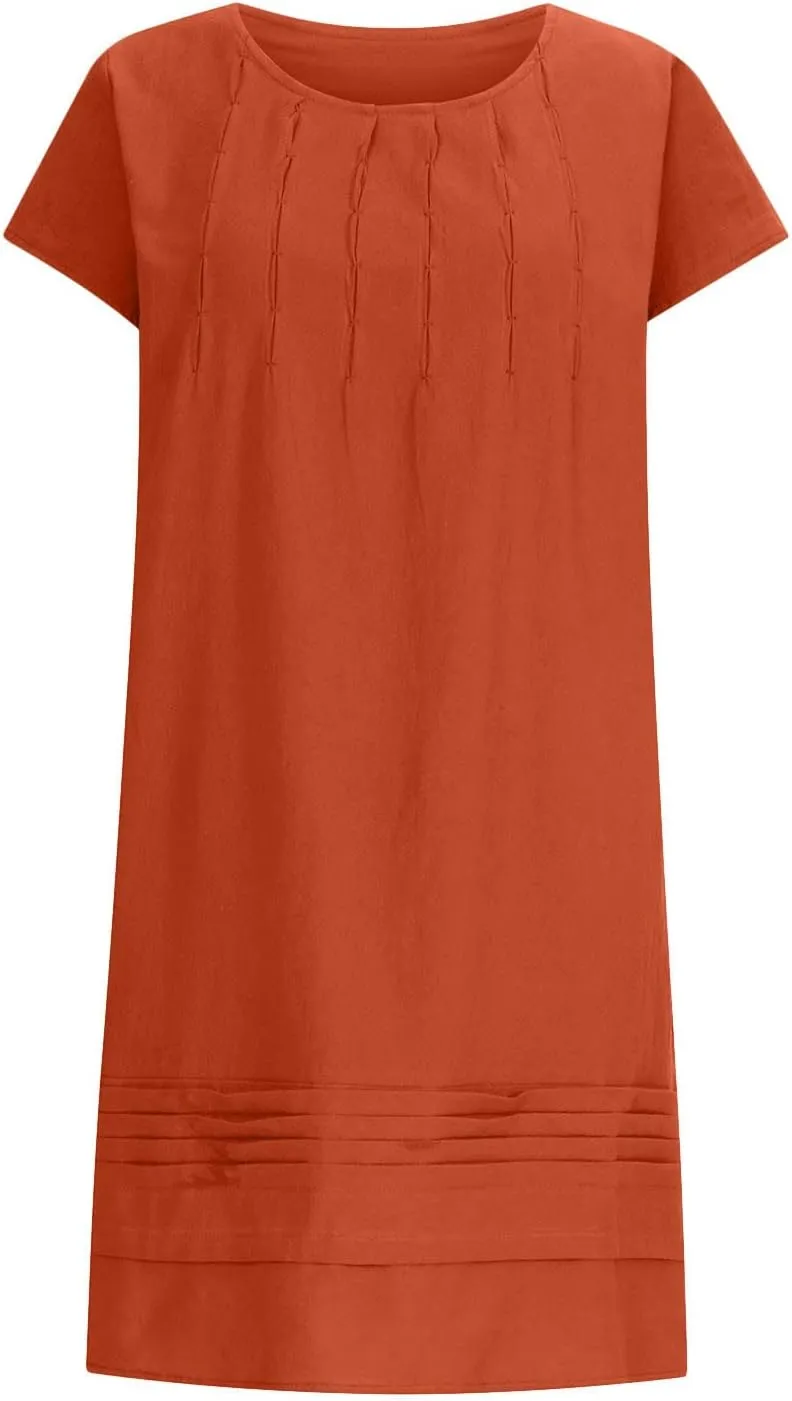 Linen Dress for Women Summer Pleated a Line Travel Sundress Crewneck Short Sleeve Dresses Vacation Casual Dress 2025